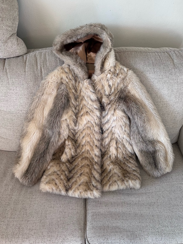 Vintage Faux Fur Coat Hooded Brown Tan Women’s S Toggle Jacket